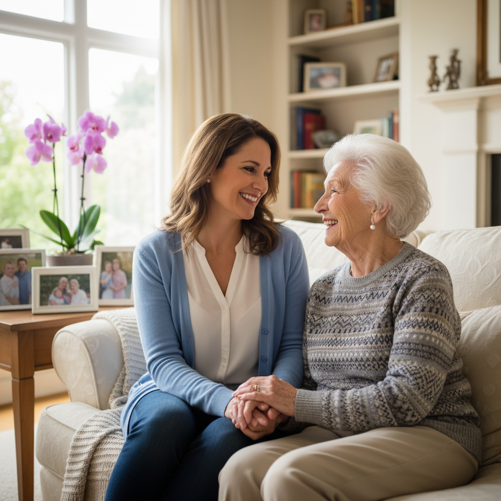 Compassionate in-home caregiver sitting with an elderly senior on a couch, smiling and talking in a warm, well-lit home environment to illustrate companionship home care.