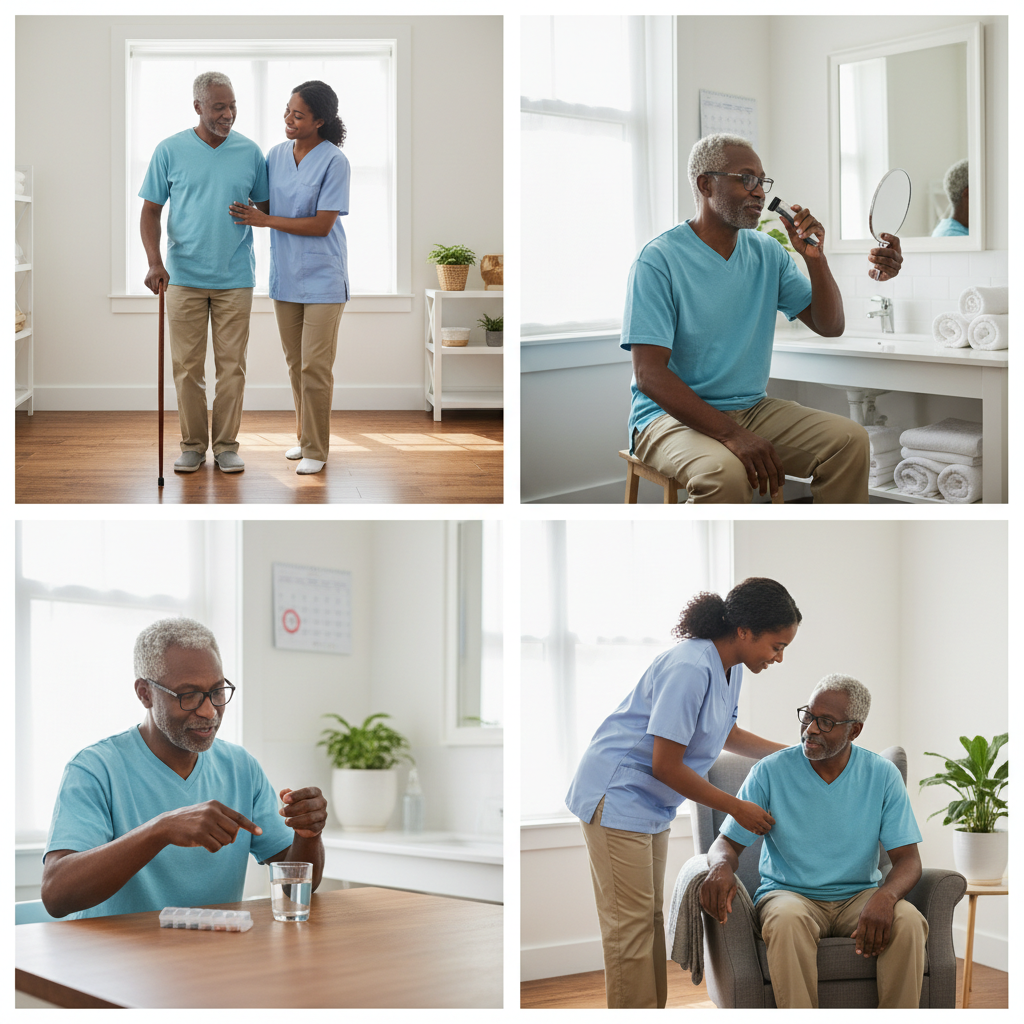 A series of royalty-free style images each showing a Black male senior being assisted by a professional caregiver in different in-home care scenarios (help with walking using a cane, assistance with grooming, medication reminders at a kitchen table, support with getting up from a chair), all in a bright, tidy home environment, no logos or branding, warm and trustworthy home care feel, square composition