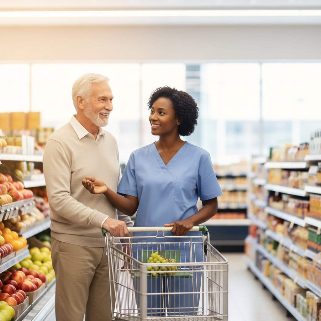 A warm, professional, royalty-free style image of a Black caregiver assisting an older white male client with errands in a bright, clean grocery store. The caregiver is helping with selecting items and pushing the cart, both smiling and relaxed. No logos or branding visible. Square composition, trustworthy and friendly home care feel, suitable as a website service icon.